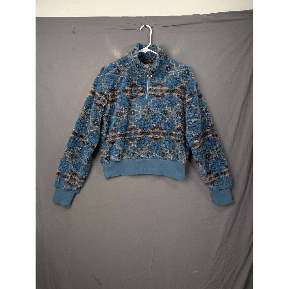 Rock and Roll Denim Womens Blue Aztec Sherpa Fleece Quarter Zip Pullover M 7293